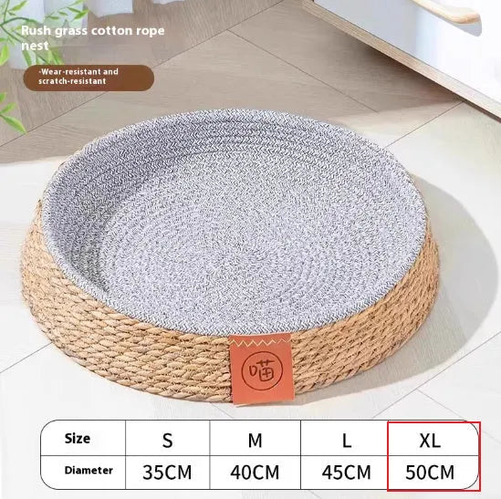 Natural rattan woven cat bed or pet nest available in small, medium, large, and extra-large sizes.