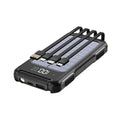 Black military grade portable power bank showing size comparison with a mobile phone.