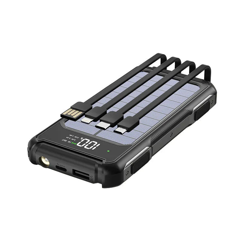 Black military grade portable power bank showing size comparison with a mobile phone.