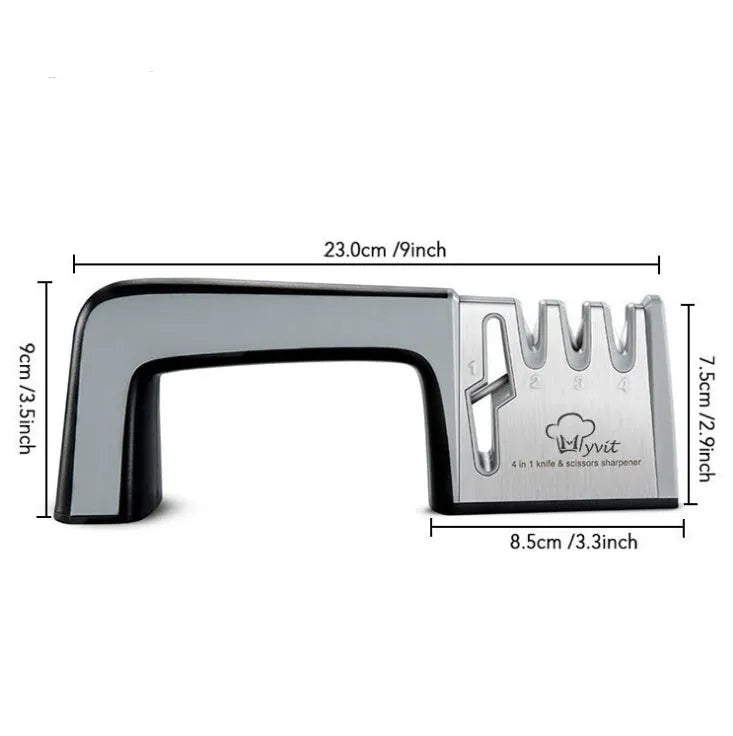 4-in-1 kitchen knife sharpener in black plastic with multiple sharpening slots.