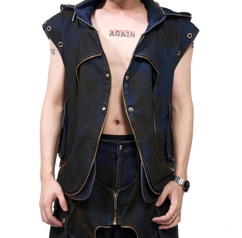 Blue hooded denim vest coat and matching trousers set on a model