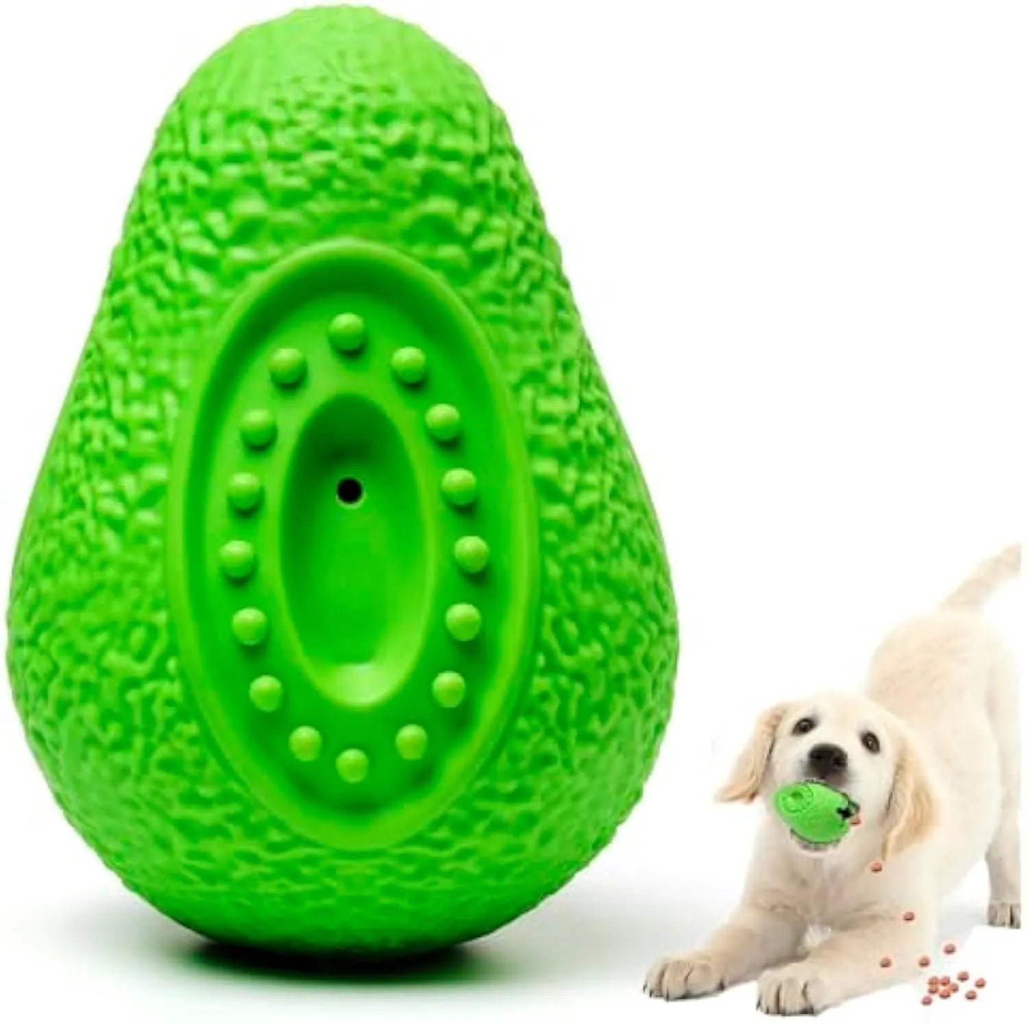 Green natural rubber dog chew toy shaped like an avocado, textured surface, for aggressive chewers.