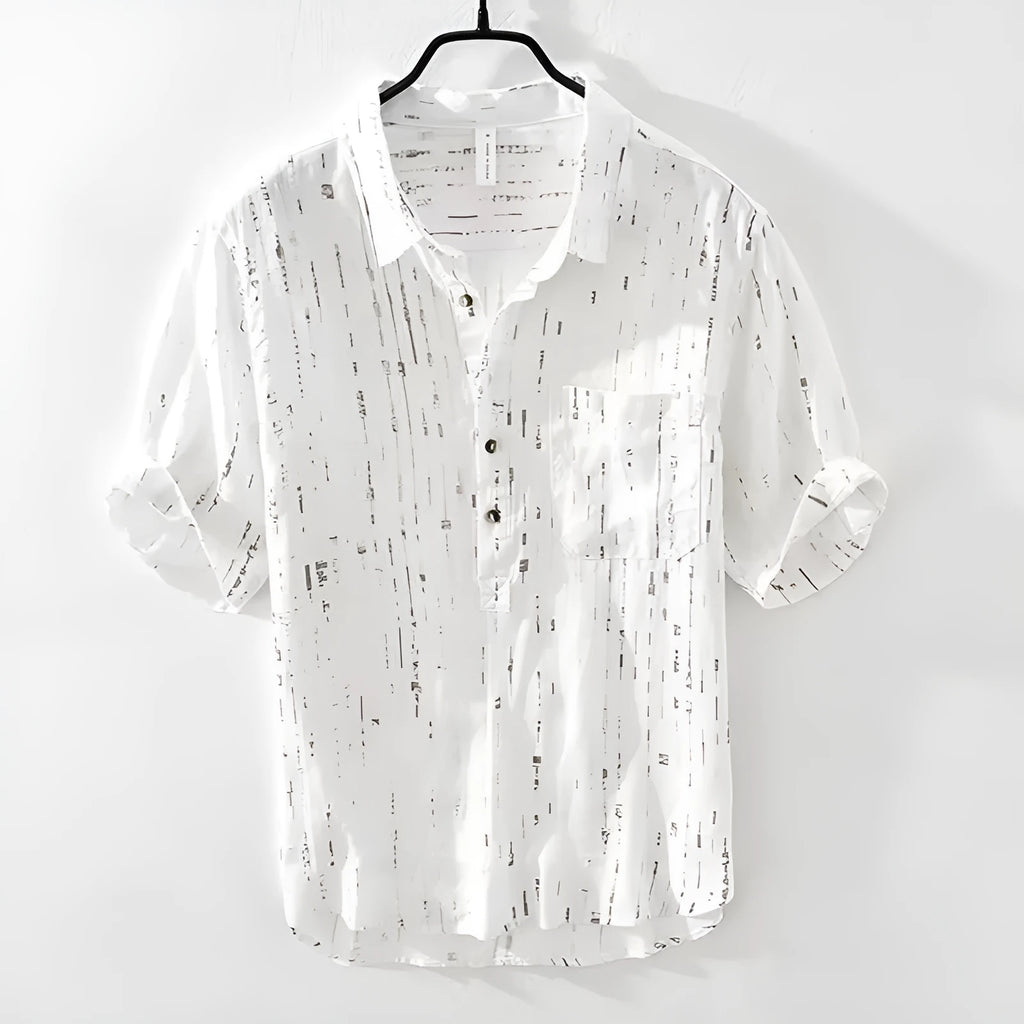 Black loose-fit short-sleeved lapel polo shirt with cardigan style on a hanger