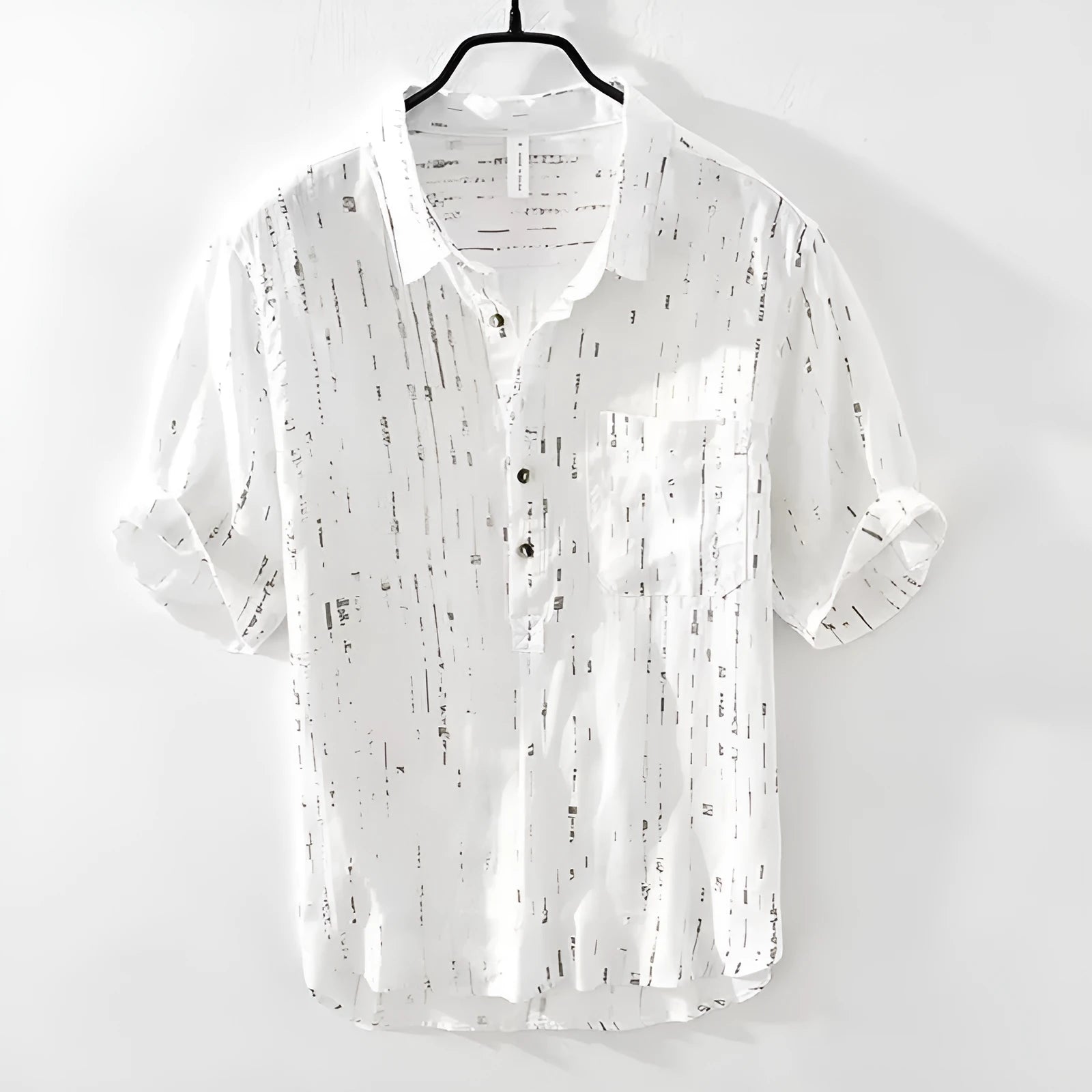 Black loose-fit short-sleeved lapel polo shirt with cardigan style on a hanger
