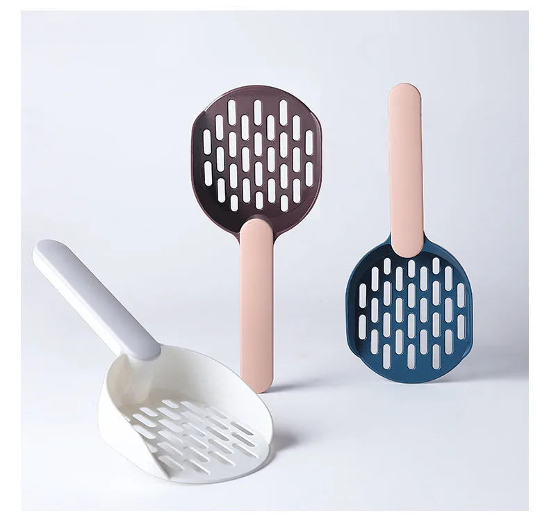 Blue plastic cat litter scoop with sifting holes for cleaning a litter box.
