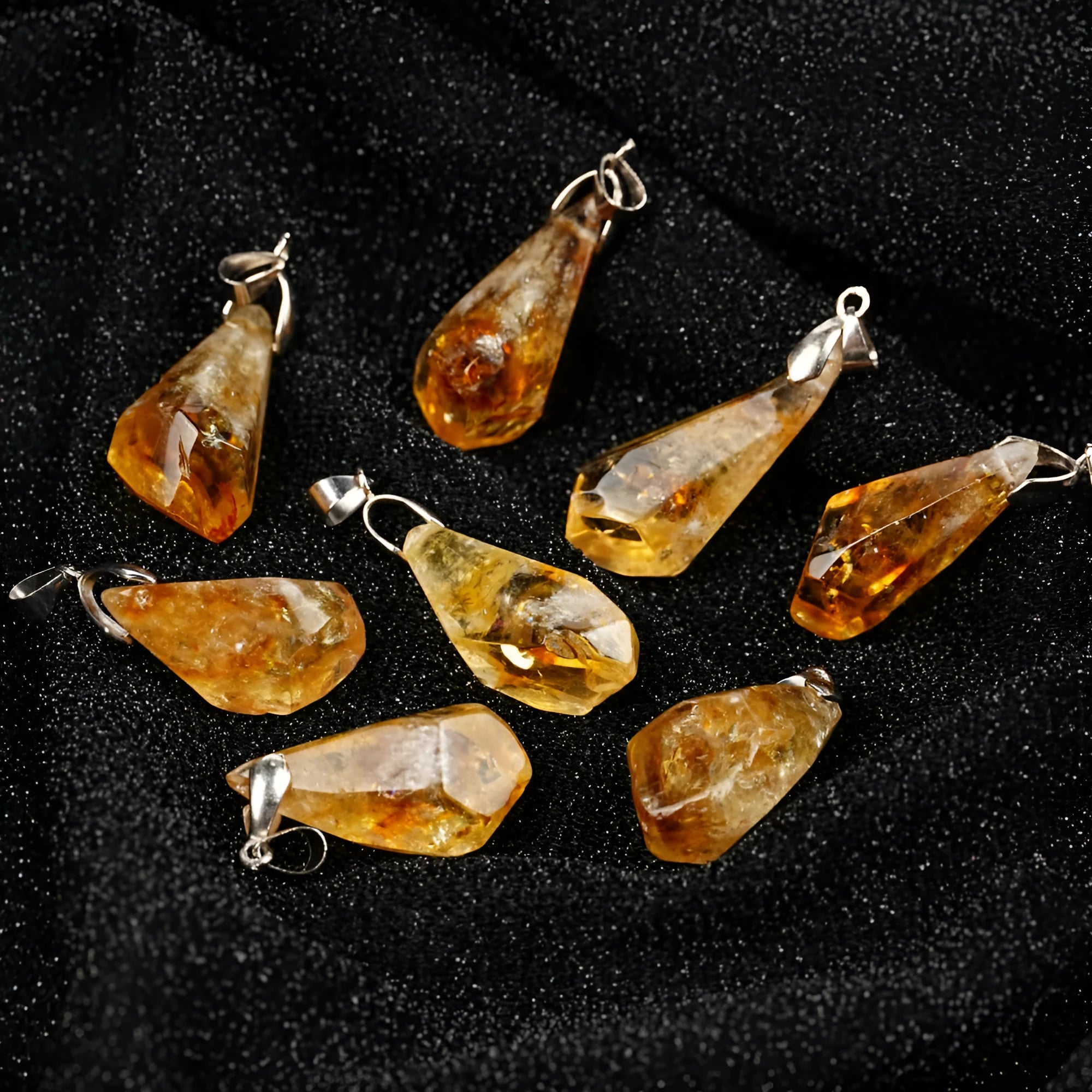 Natural citrine cluster pendant necklace with polished yellow tower crystal geometric drop on leather rope
