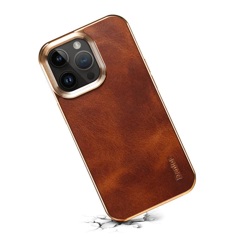 Handmade vintage leather iPhone case in black showing slim profile and precise cutouts.