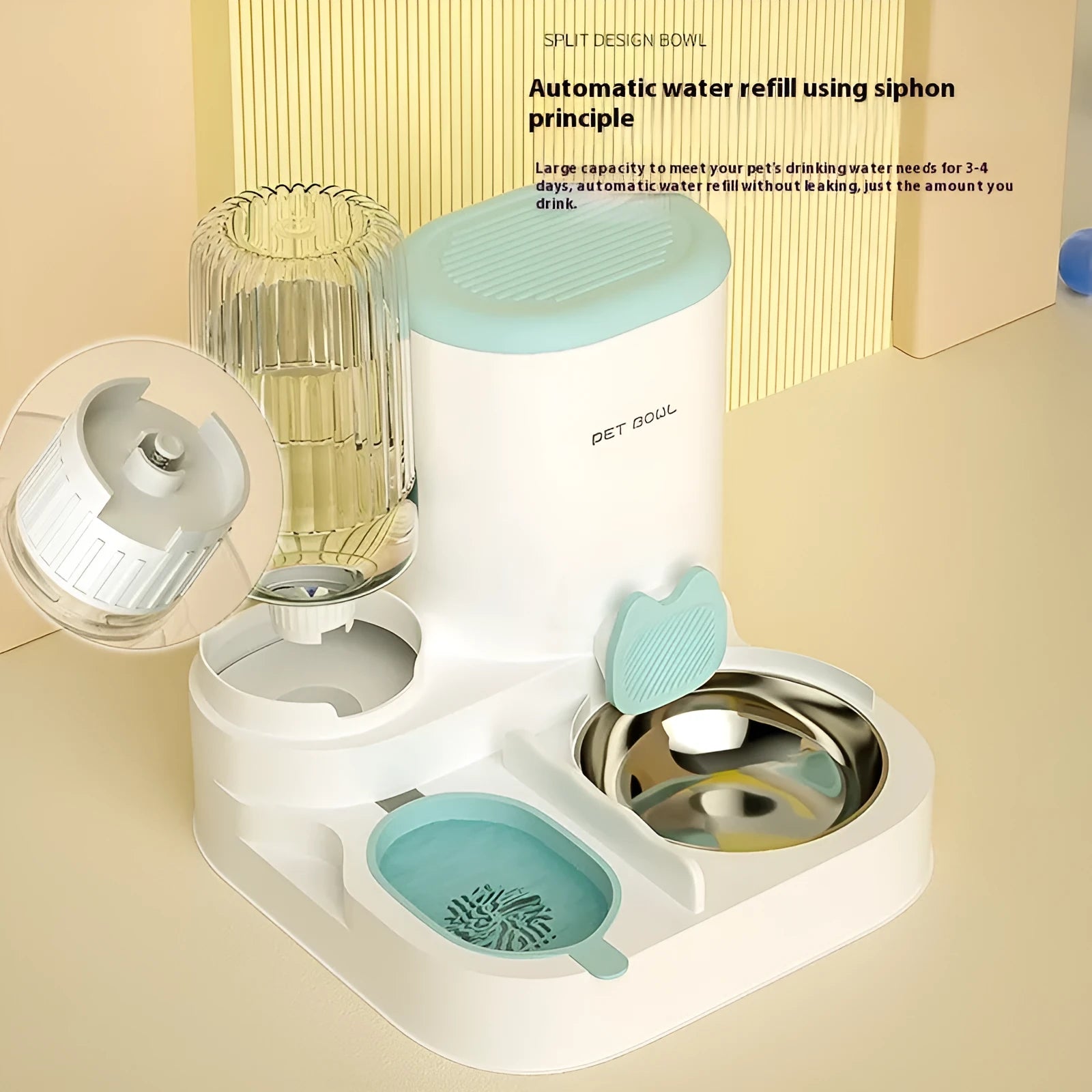 Automatic cat water fountain with two integrated stainless steel food bowls in avocado green colour.