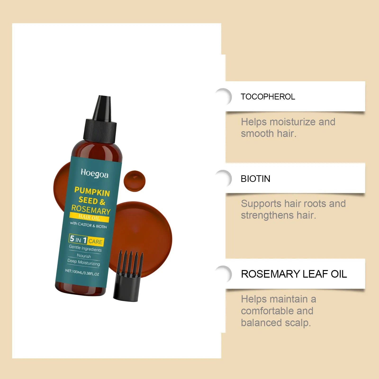 100ML rosemary essential oil bottle with pointed applicator and hair comb for hair treatment