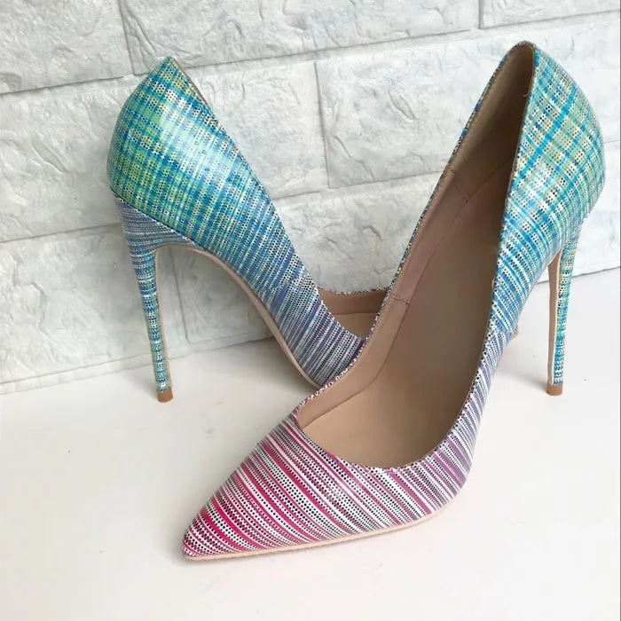 A pair of women's pink and blue gradient patent leather high heel shoes with a pointed toe.