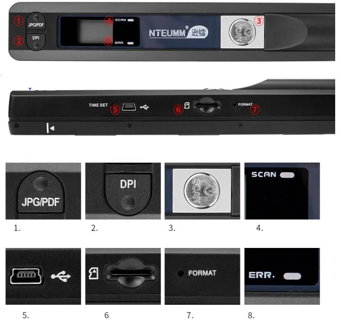 A4 portable document scanner with USB cable, 900DPI resolution, and slim black casing