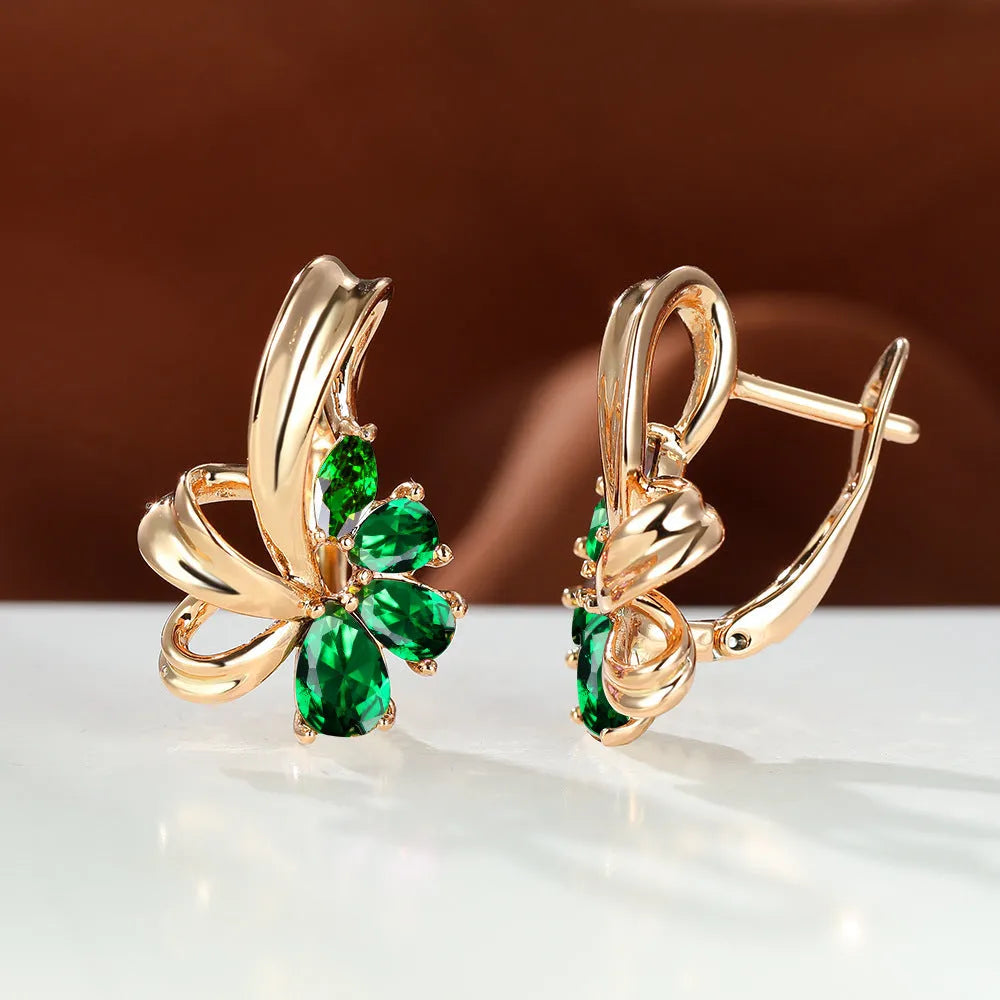 Champagne gold flower earrings with AB colourful crystal on copper, round shape studs for women