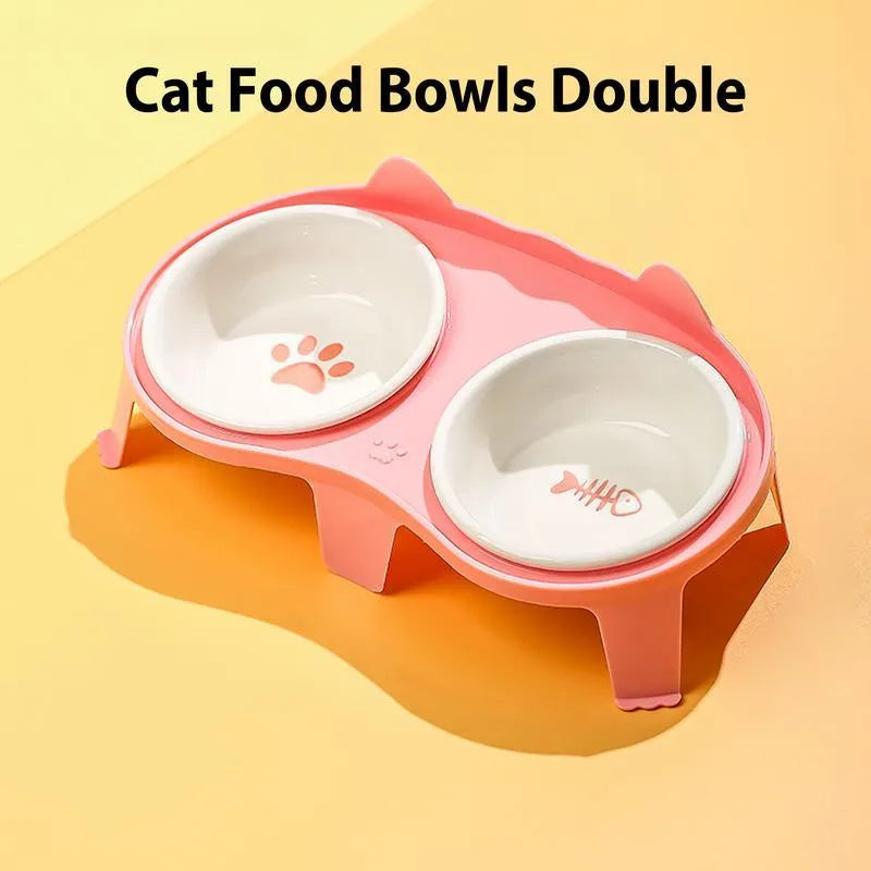 Ceramic elevated cat food and water bowl set with tilted stand in choice of colours