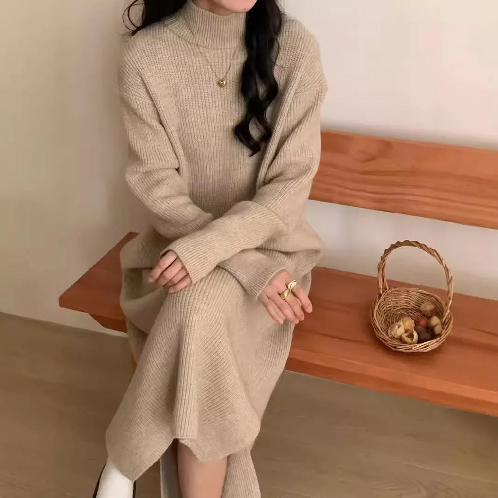 Half turtleneck acrylic knitted dress in khaki colour with high waist and midi length