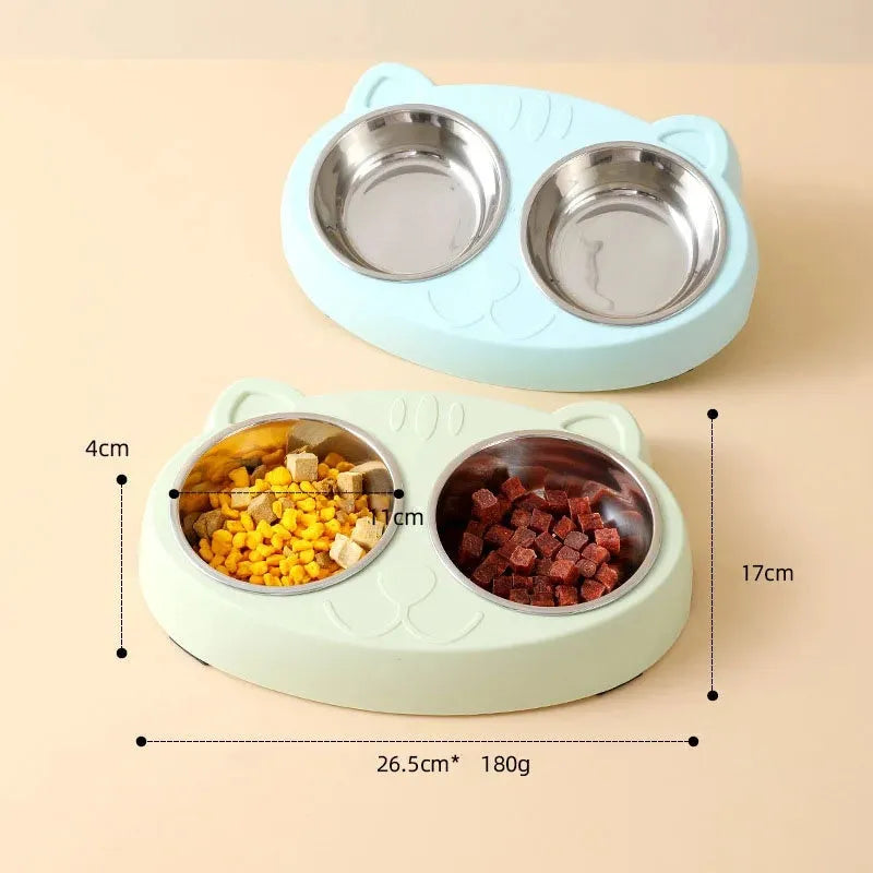 Blue plastic double bowl pet feeder tray for cat and dog food and water.