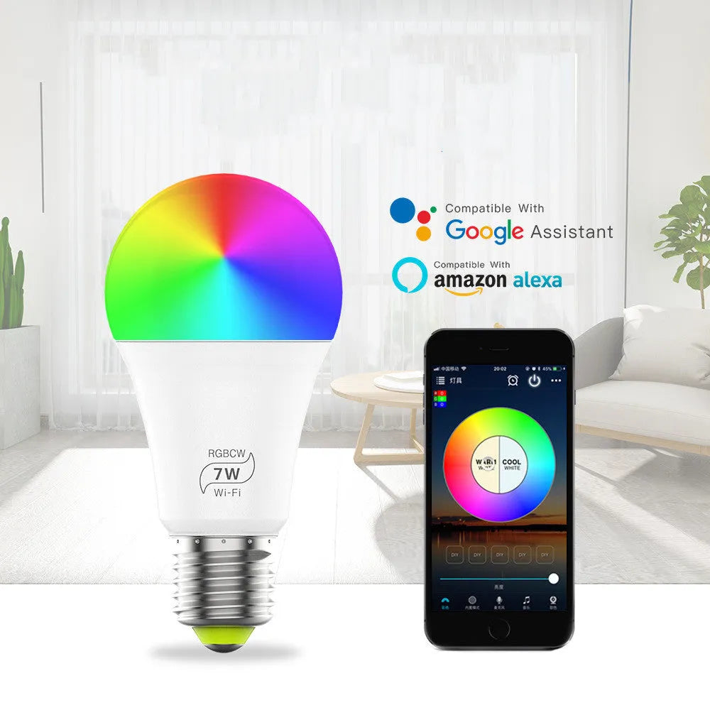 Smart WiFi LED light bulb with Alexa and Google voice control, showing colour temperature and RGB adjustment capabilities