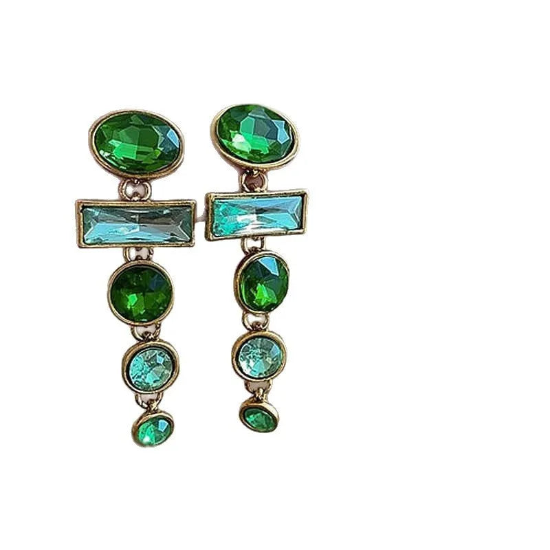 A pair of geometric green gradient alloy earrings with a long tassel and inlaid zircon stones.