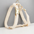 White pet wedding vest collar with lace leaf decoration and matching leash set with flower accessory