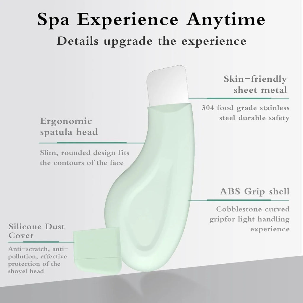 Stainless steel blackhead removal tool with green silicone attachment and non-slip handle