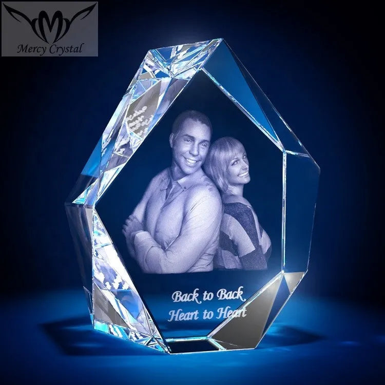 Custom laser engraved crystal sphere with personalised photo inside, available in multiple sizes and styles
