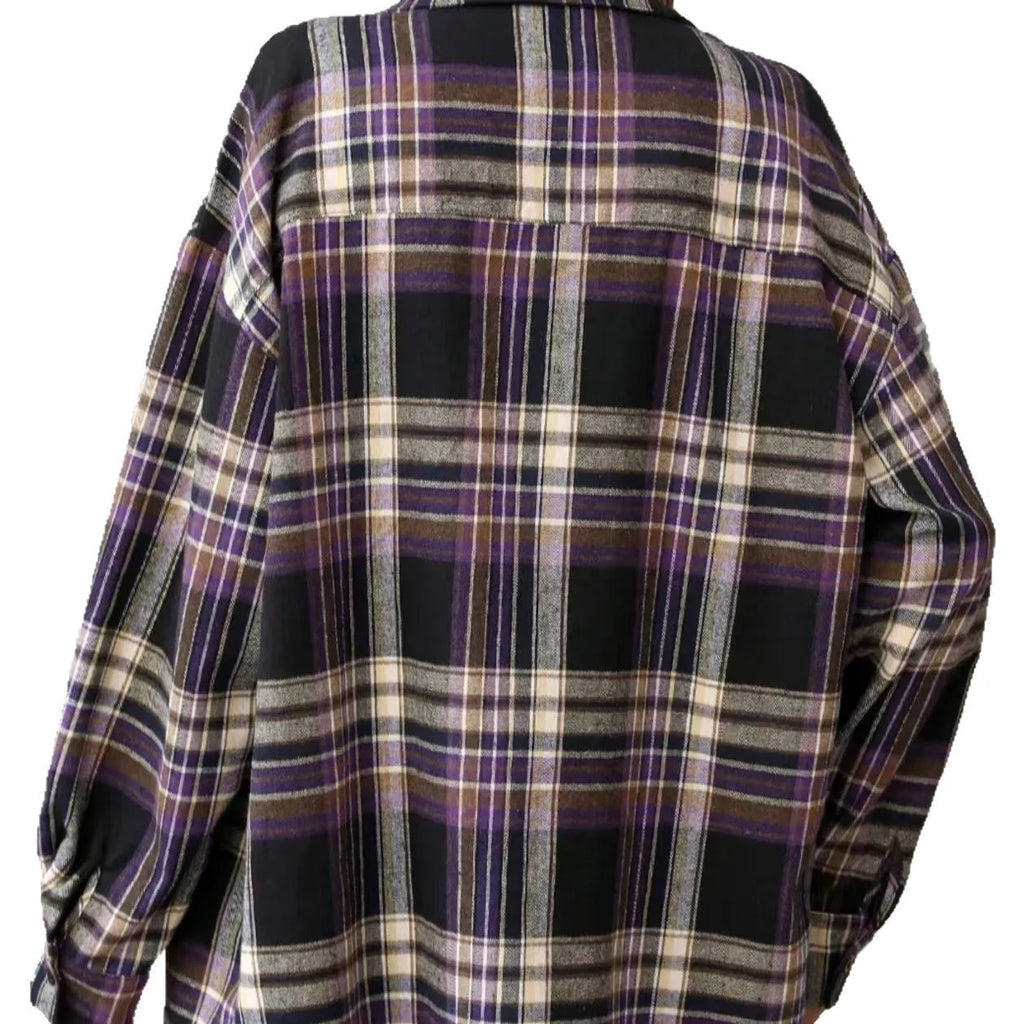 Women's loose fit plaid cotton shirt in black, green or purple colours