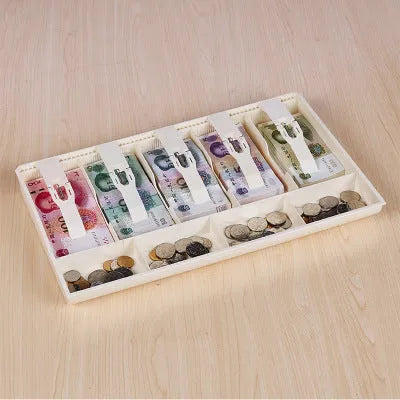 Five-drawer ABS plastic cash register box in black showing banknote and coin compartments