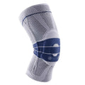 Adult sports knee pads in black and blue, made from nylon and spandex for basketball and running.