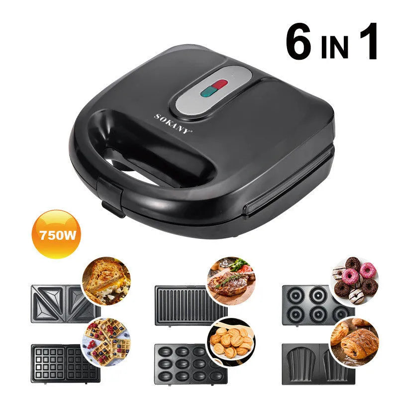 Black double-sided electric sandwich pan with stainless steel lid and six non-stick baking pans.