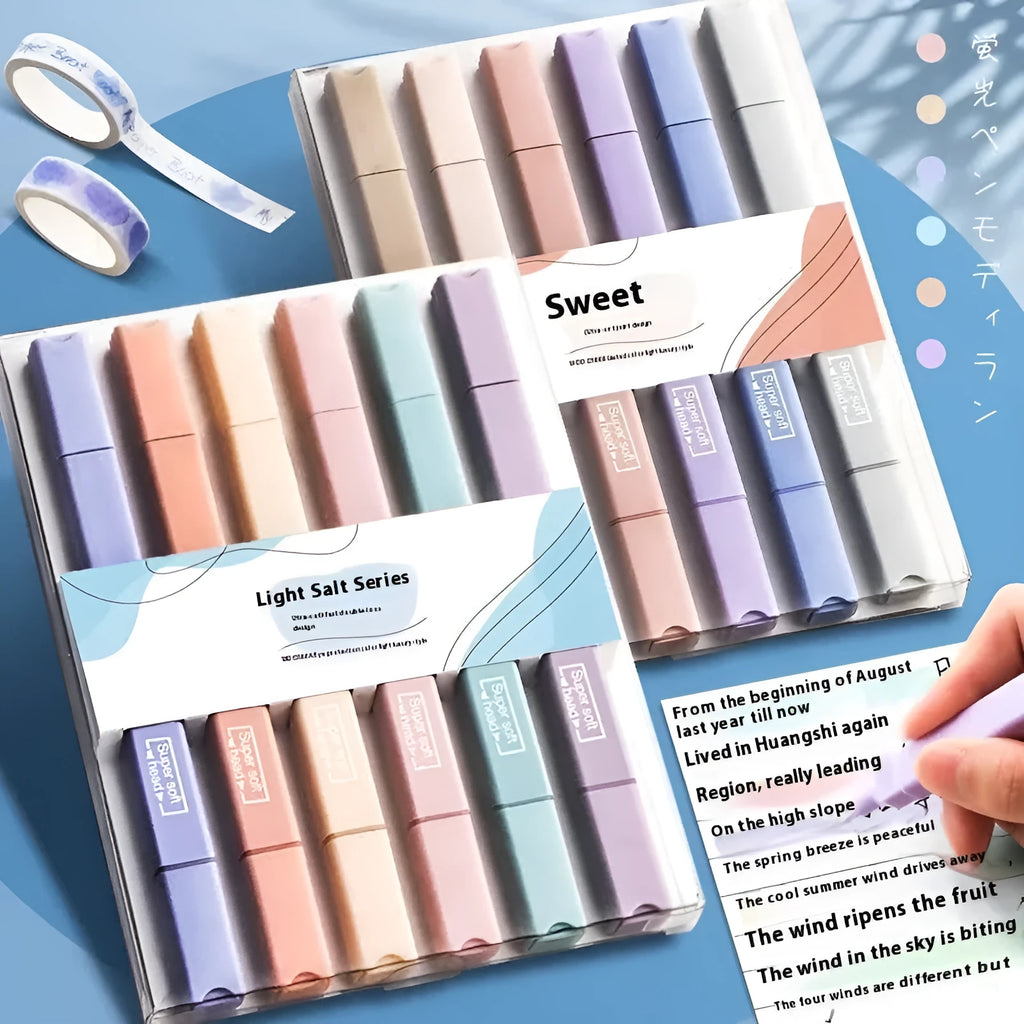 Set of double-ended fluorescent highlighter pens with chisel and fine tips, showing mixed bright colours.