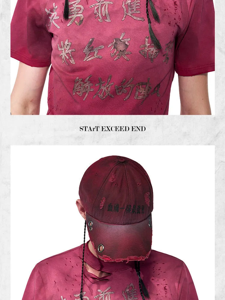 Rose red cotton peak cap with adjustable strap and spray design detail