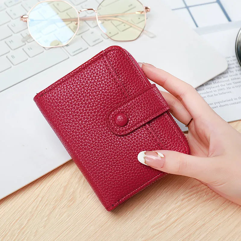 Ladies short wallet with lychee pattern texture showing 2-fold compact design