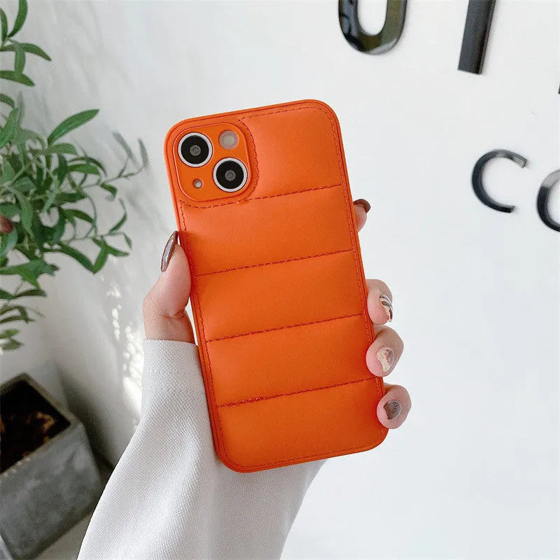 Fashion solid colour down jacket phone case for iPhone showing quilted texture