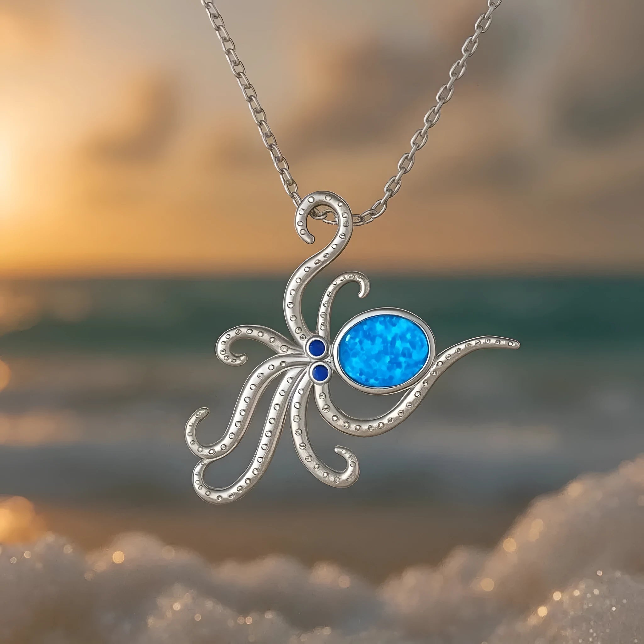 Silver octopus pendant necklace with blue opal inlays on a stainless steel box chain.