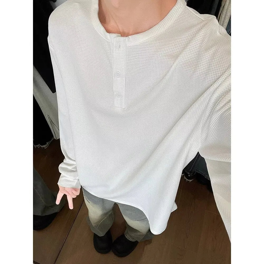 Men's loose pullover round neck long sleeve shirt jacket in black, chemical fibre blend, size M-XXXL