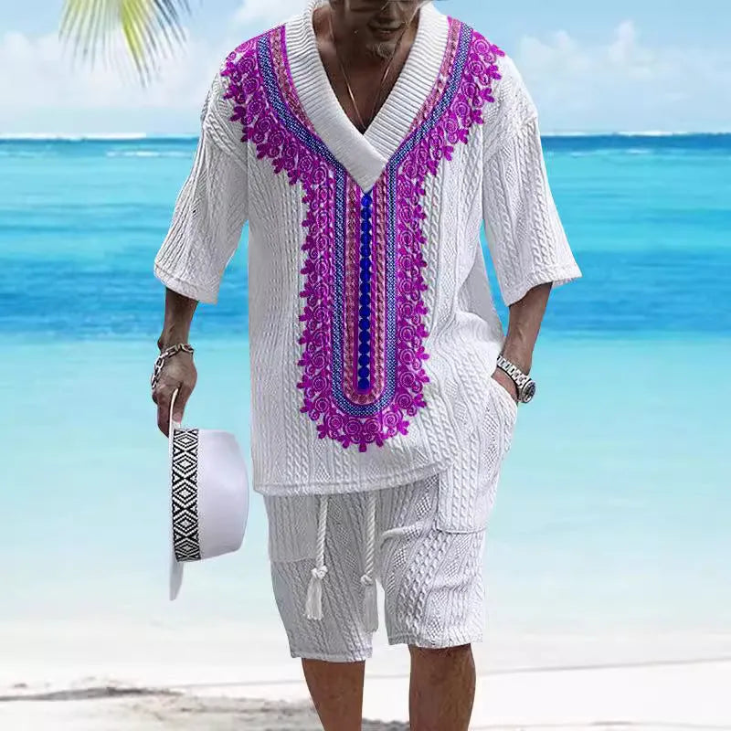 Men's printed drop-shoulder knitted short-sleeved top with matching shorts in polyester blend fabric