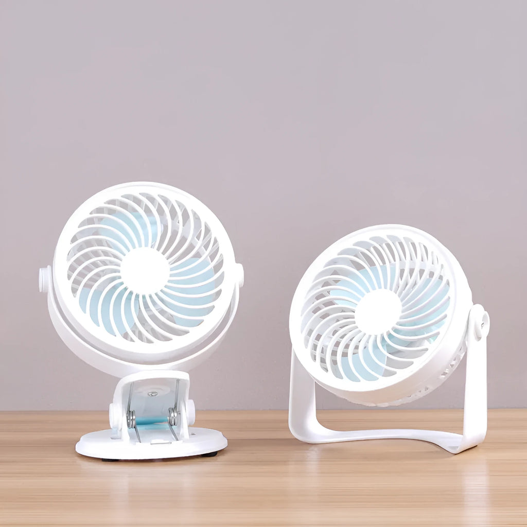 USB-powered compact desk fan showing clip and floor-standing styles with three blades