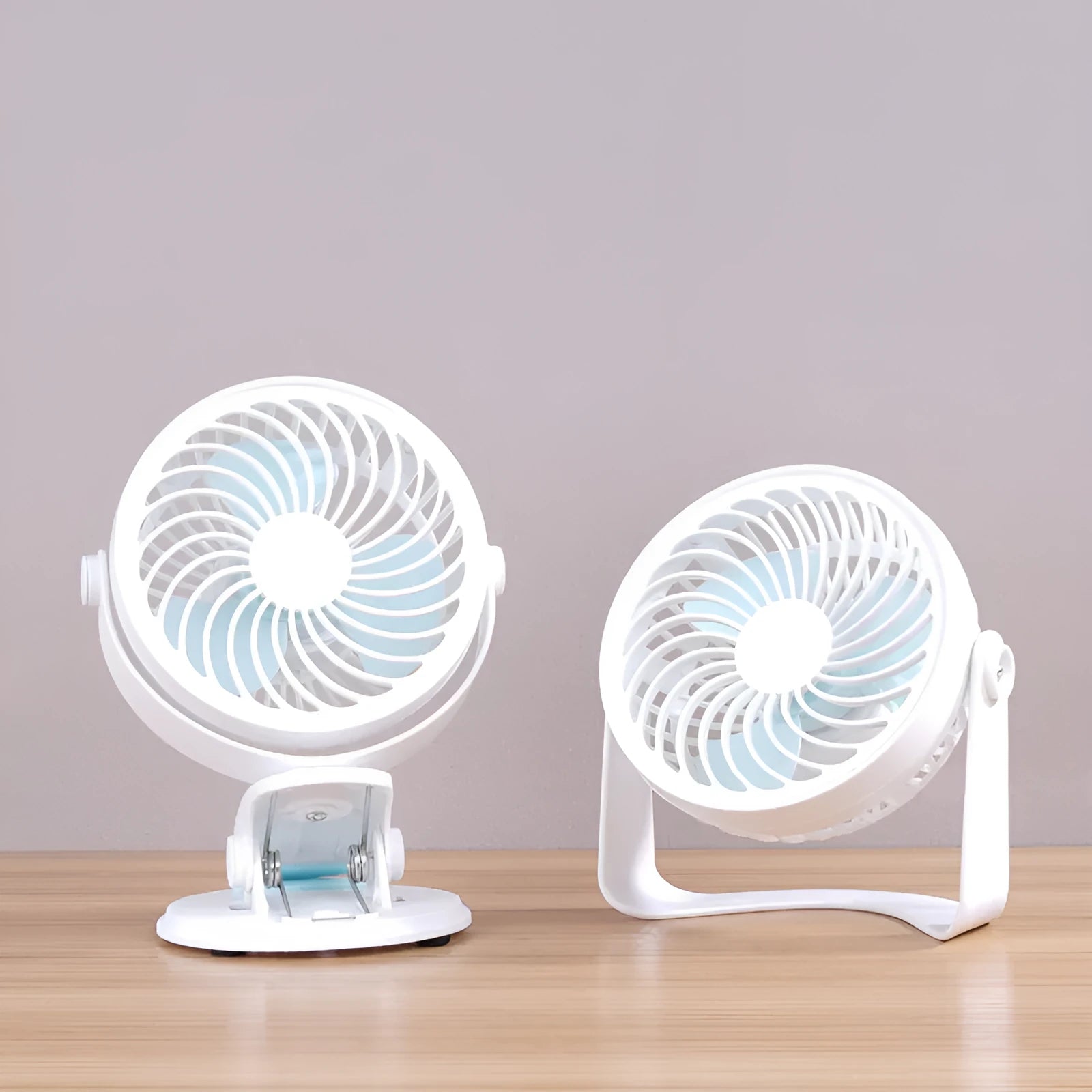 USB-powered compact desk fan showing clip and floor-standing styles with three blades