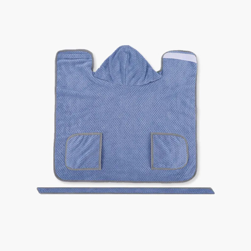 Blue adjustable dog bath robe towel wrapped around a dog, showing sizing chart for XS, S, M, L, and XL.
