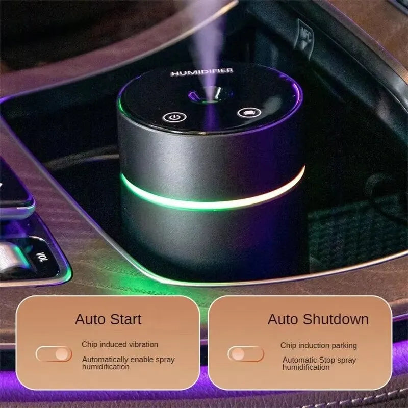 Black aluminium car humidifier and essential oil diffuser with coloured night light and USB cable