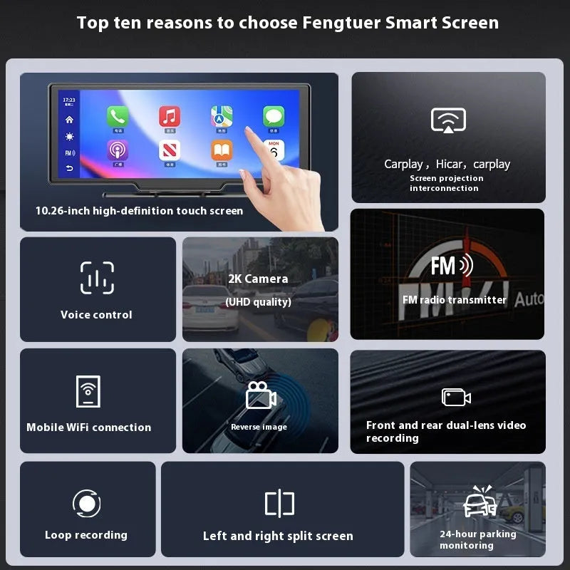 10-inch car touchscreen display showing CarPlay interface mounted on a car dashboard