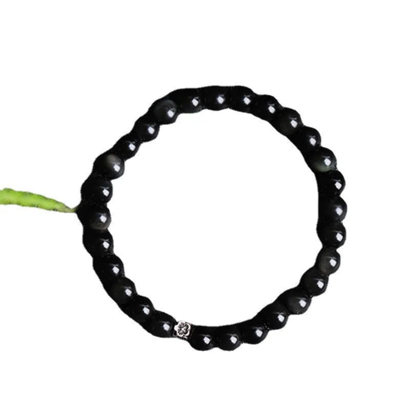 Natural obsidian bracelet with S925 silver small flower accessories featuring dragon phoenix decorations