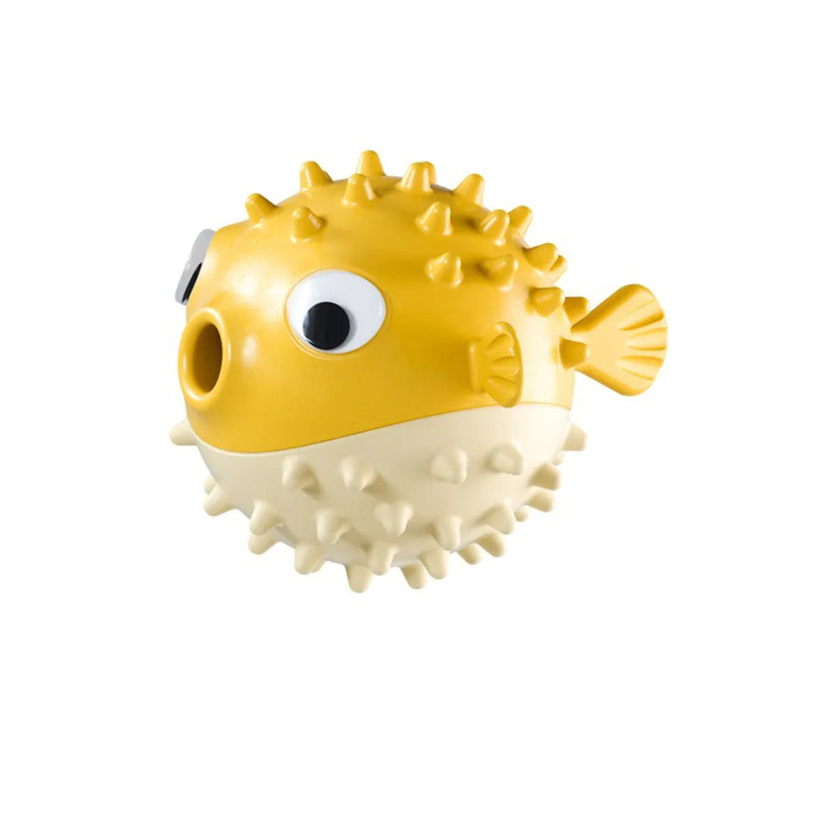 Yellow durable fish-shaped dog chew toy with textured surface for aggressive chewers.