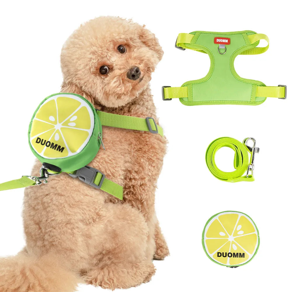 Green anti-slip pet harness and backpack set for a small dog on a pink background
