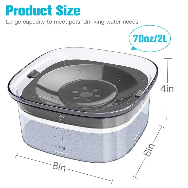 Transparent 2-litre dog water bowl with floating slow-feed disk and non-slip frosted base