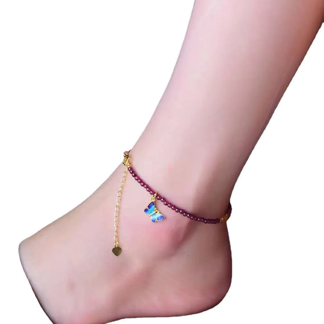 Purple garnet stone women's anklet with ethnic geometric design on ankle