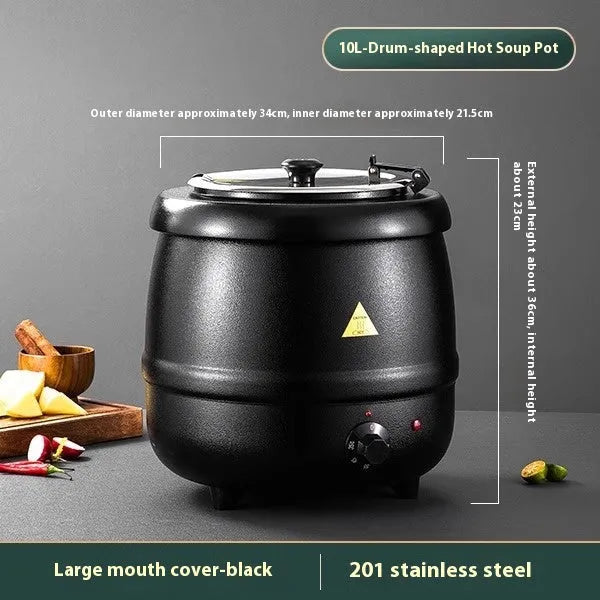 Black and stainless steel 10-litre electric insulation pot with large cover and adapter plug.