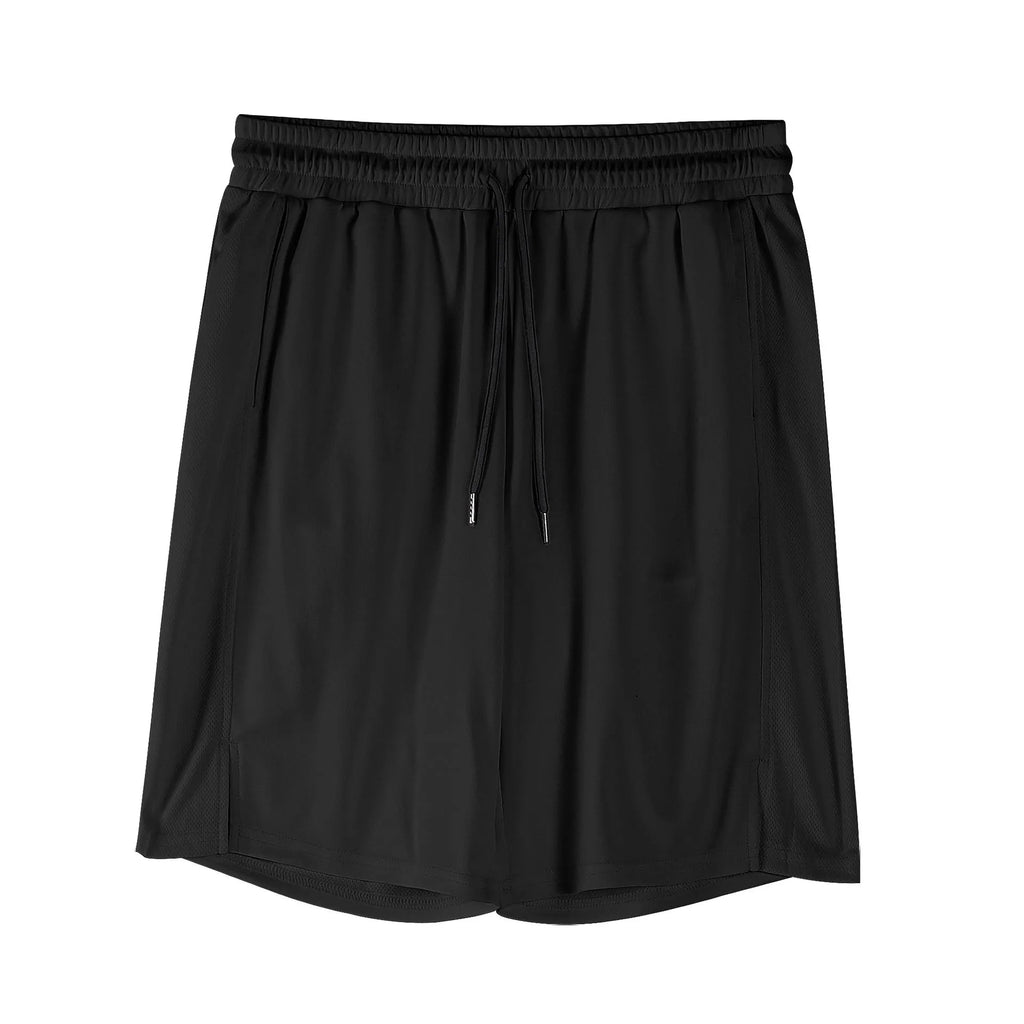 Men's black quick-drying mesh sports shorts with a loose fit and elasticated waist.