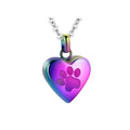 Silver titanium steel heart casket necklace with paw print design on a black background.