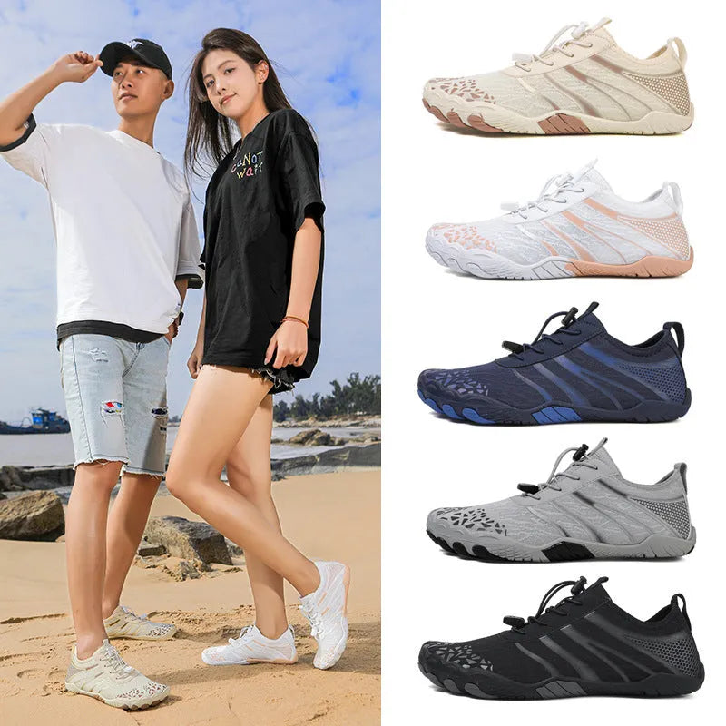 Men's and women's casual Lycra beach running shoes in beige, shown on a size label with options for dark blue, grey, black, and white pink.