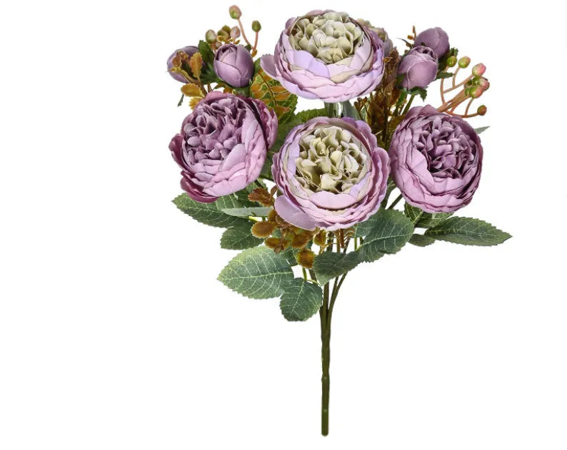 A silk artificial peony flower bouquet in a champagne colour, suitable for wedding or home decoration.